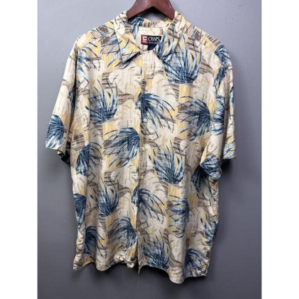 Chaps Hawaiian shirt Mens XL Silk Yellow‎ floral Tropical Casual Button front